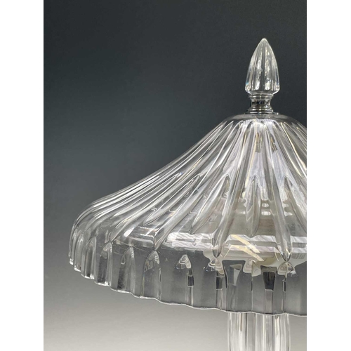 893 - A Waterford crystal table lamp, with mushroom shade and vertically cut stem on circular foot, height... 