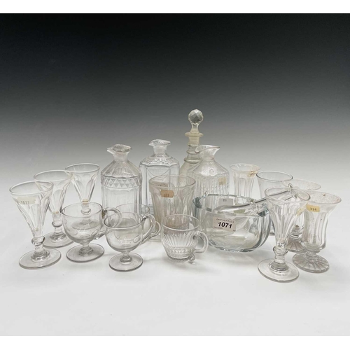 898 - A selection of Georgian and later glass to include a toddy lifter, a jelly mould (?), three spirit d... 