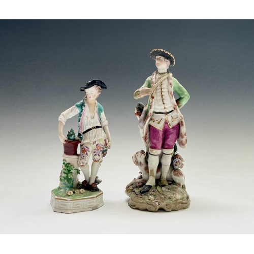 903 - A Chelsea porcelain figure of a sportsman, circa 1760, with a dog at his feet, height 21.5cm, togeth... 