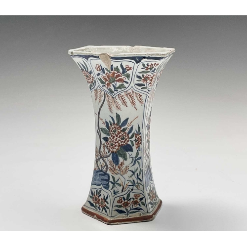 904 - A pair of Dutch Delft polychrome vases, 18th century, of hexagonal tapered form, painted in the Chin... 