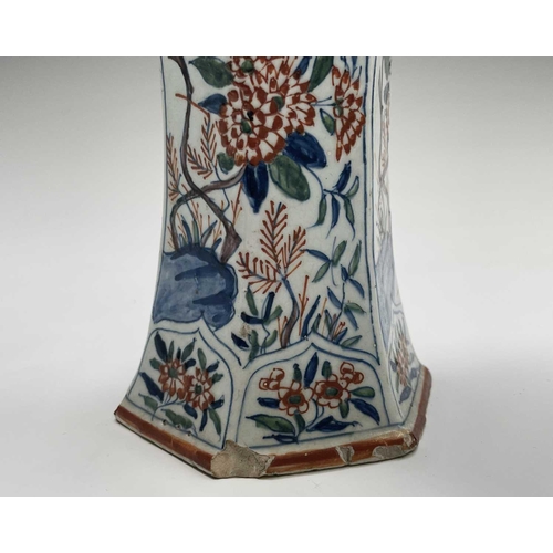 904 - A pair of Dutch Delft polychrome vases, 18th century, of hexagonal tapered form, painted in the Chin... 