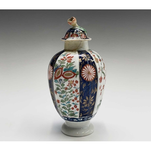 914 - A Worcester porcelain tea caddy and cover, circa 1780, of fluted ovoid form, decorated with Kakiemon... 