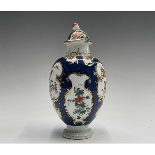 914 - A Worcester porcelain tea caddy and cover, circa 1780, of fluted ovoid form, decorated with Kakiemon... 