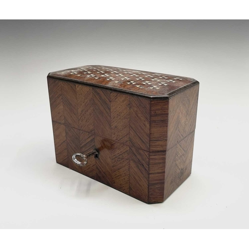 918 - A French kingwood perfume casket, circa 1880, with parquetry and inlaid decoration, containing two (... 