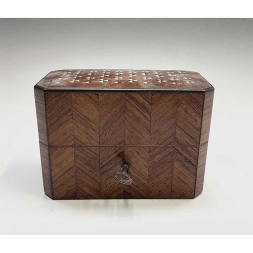 918 - A French kingwood perfume casket, circa 1880, with parquetry and inlaid decoration, containing two (... 