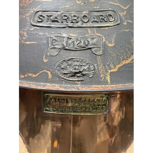 92 - A ship's copper starboard lamp, with applied brass labels and patents, with burner, height 56cm.