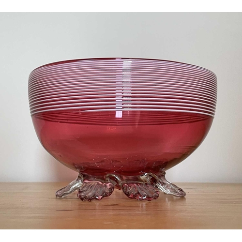 926 - A Victorian cranberry glass bowl with applied white trailing decoration, diameter 14cm, together wit... 