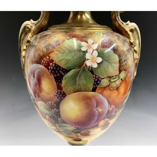 928 - A good large Worcester fruit painted pedestal vase, signed David Fuller, late 20th century, painted ... 