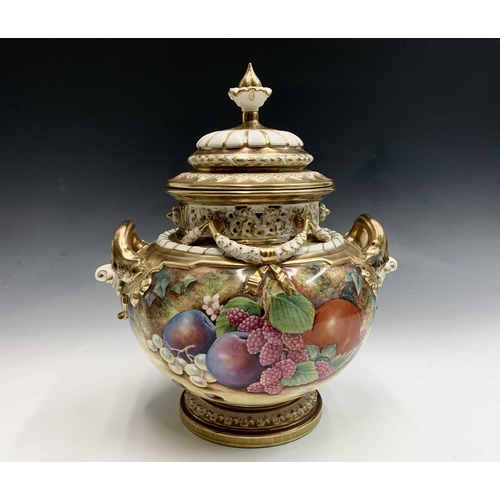 929 - A large Royal Worcester fruit painted vase and cover, signed David Fuller, late 20th century, with a... 