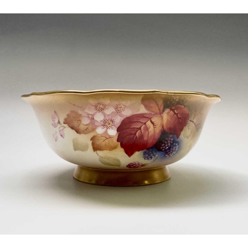 932 - A Royal Worcester bowl, painted with autumnal foliage and berries etc, signed K Blake (Kitty Blake),... 