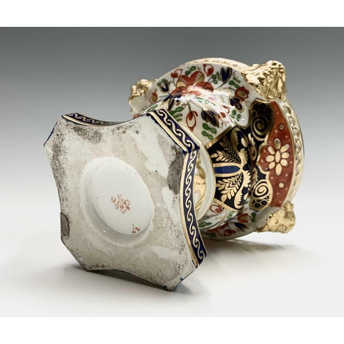 933 - A pair of early 19th century Derby porcelain imari and gilt decorated pot pourri vases, of squat for... 