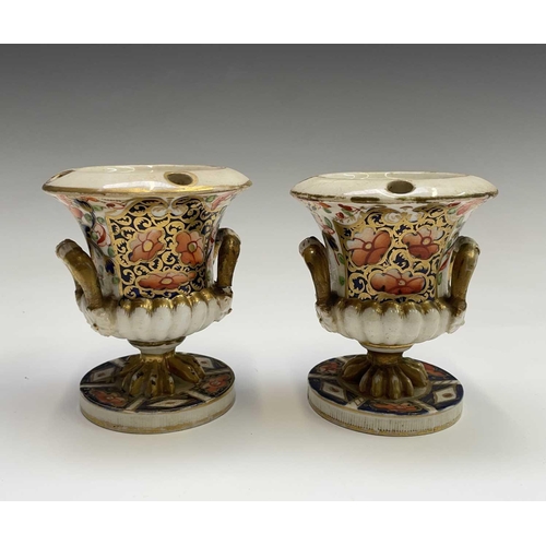 935 - A pair of Derby campana form inkwells, circa 1820, decorated in an Imari palette, height 90cm, toget... 