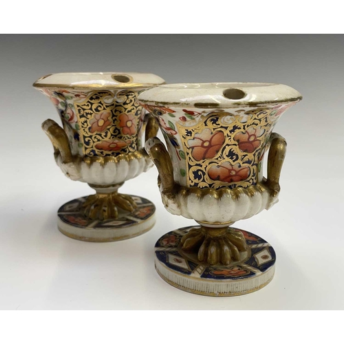 935 - A pair of Derby campana form inkwells, circa 1820, decorated in an Imari palette, height 90cm, toget... 