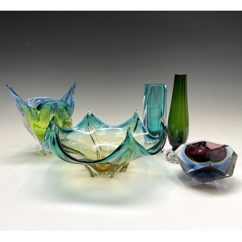 954 - A collection of Murano glass to include a bowl, 27cm diameter, and four vases, height 23cm diminishi... 