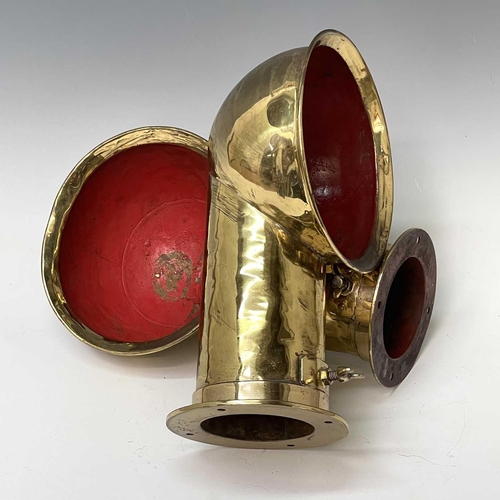 96 - Two vintage brass ships ventilation ducts, with red painted interiors, reputedly removed from an old... 