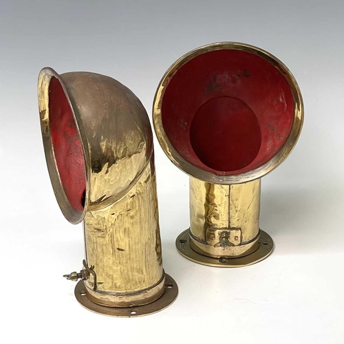 96 - Two vintage brass ships ventilation ducts, with red painted interiors, reputedly removed from an old... 