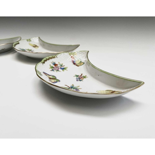 963 - Four Herend Queen 'Victoria Green' pattern crescent plates decorated with butterflies and floral spr... 