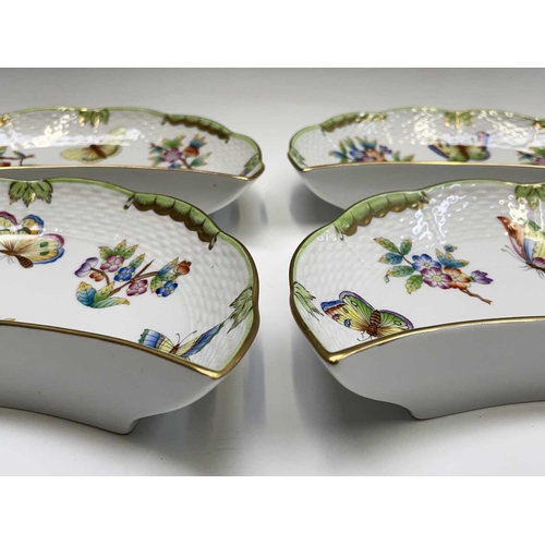 963 - Four Herend Queen 'Victoria Green' pattern crescent plates decorated with butterflies and floral spr... 