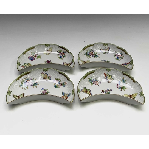 963 - Four Herend Queen 'Victoria Green' pattern crescent plates decorated with butterflies and floral spr... 