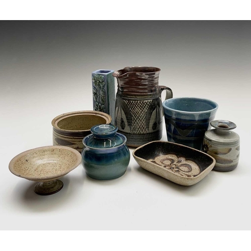 971 - Hugh WEST (1950), a LIDDED bowl and a water jug, 17cm high Lamorna Pottery plant pot, Harmony Cornwa... 