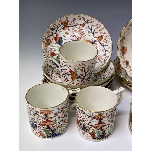 980 - Three Derby porcelain coffee cans and saucers, circa 1820, painted in iron red, blue, green and gilt... 