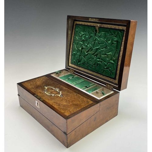 482 - A Victorian walnut and inlaid combined sewing and writing box. Width 30.5cm.