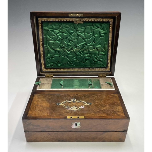 482 - A Victorian walnut and inlaid combined sewing and writing box. Width 30.5cm.