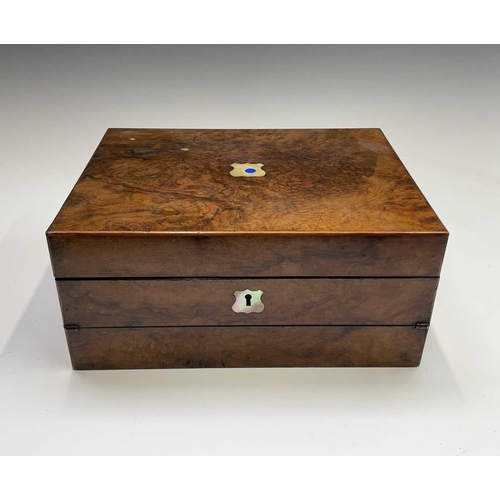 482 - A Victorian walnut and inlaid combined sewing and writing box. Width 30.5cm.