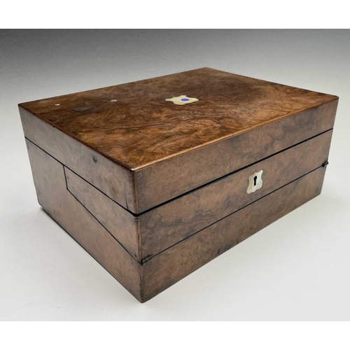 482 - A Victorian walnut and inlaid combined sewing and writing box. Width 30.5cm.