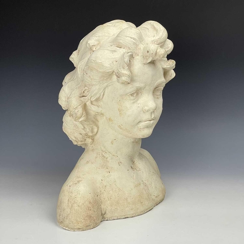 102 - A reconstituted moulded stone bust of a young girl, height 37cm width 36cm depth 16cm.