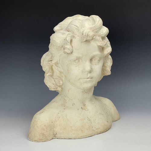 102 - A reconstituted moulded stone bust of a young girl, height 37cm width 36cm depth 16cm.