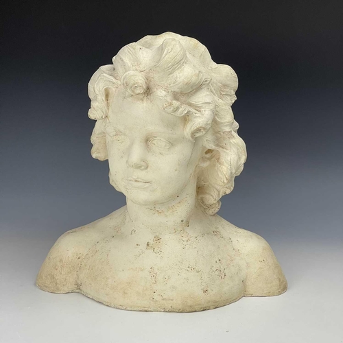 102 - A reconstituted moulded stone bust of a young girl, height 37cm width 36cm depth 16cm.