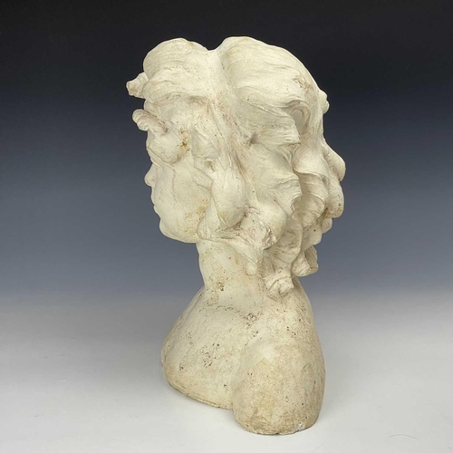 102 - A reconstituted moulded stone bust of a young girl, height 37cm width 36cm depth 16cm.