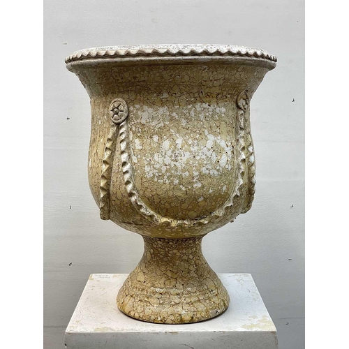 103 - A terracotta urn painted in stone effect, decorated with applied flowers and swags, with a painted p... 