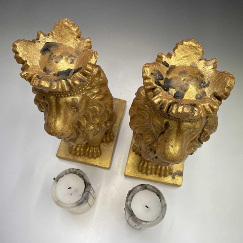 111 - Pair of gold painted lions with candles, height of lions 35cm.