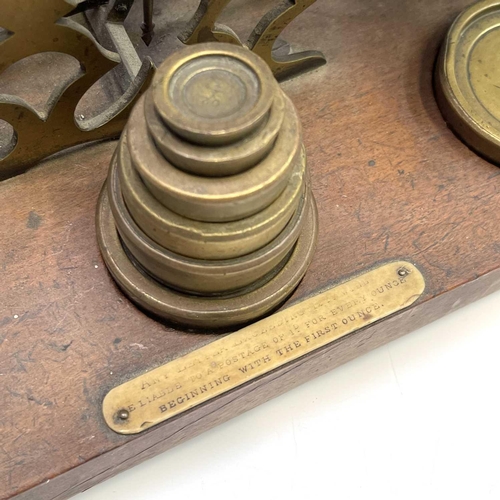 116 - A set of S.Mordan & Co brass parcel scales and weights, circa 1900, with engraved postal rates and a... 