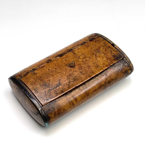 119 - A Victorian amboyna large snuff box, with wood hinge and inset shield, width 13.6cm.