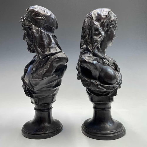 129 - A pair of 20th century bronze busts of a Moorish male and female, after Buese on pedestal bases, bot... 