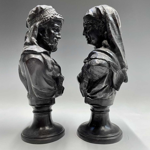 129 - A pair of 20th century bronze busts of a Moorish male and female, after Buese on pedestal bases, bot... 