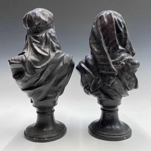 129 - A pair of 20th century bronze busts of a Moorish male and female, after Buese on pedestal bases, bot... 