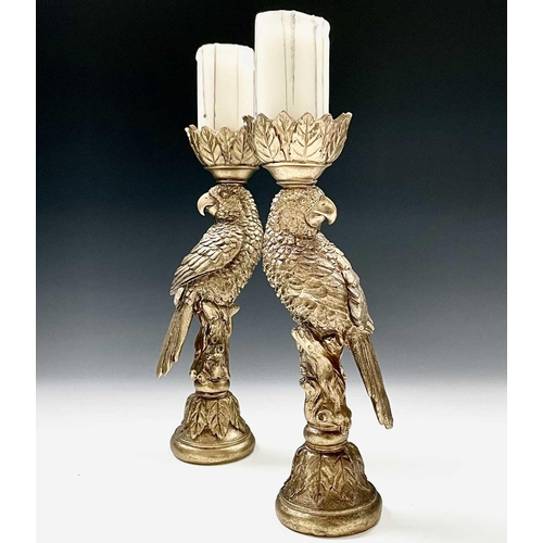 130 - A pair of gold painted parrot candleholders, height 34cm.