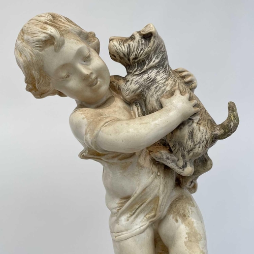 142 - A composite marble figure of a child and their dog, and a giltwood torchere decorated with shells an... 