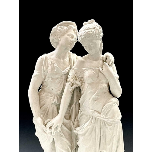 143 - A painted spelter cast group of lovers in the classical style signed Bourel to base, with a tripod s... 