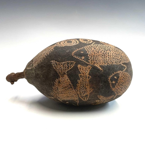 154 - An Australian Aboriginal carved boab nut the incised decoration depicting aquatic life including a c... 