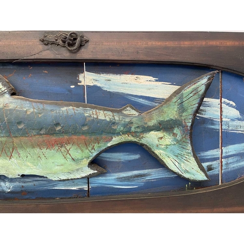 158 - A wood carved and painted high relief sculpture of a fish mounted onto a repurposed Edwardian wardro... 