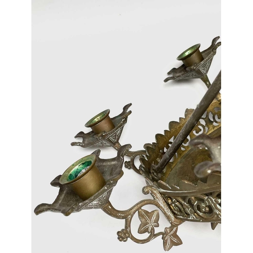 171 - A late 19th/early 20th century brass hanging six branch chandelier, cast with ivy leaves. Approximat... 