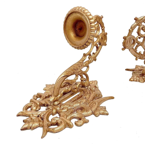 174 - A pair of gold painted cast wall sconces decorated in foliate scrolls, height 60cm width 36cm depth ... 