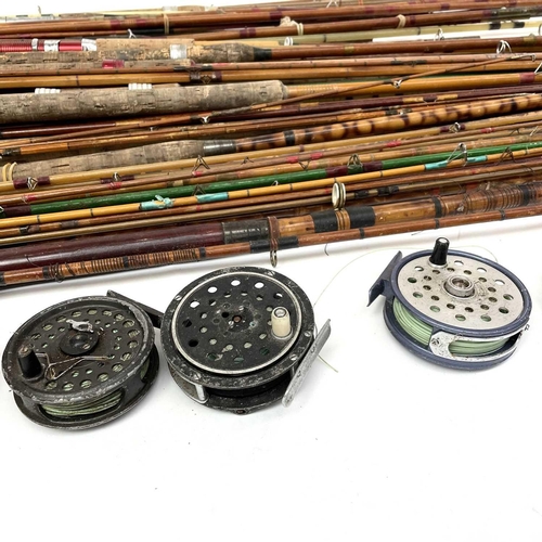 177 - A collection of various fishing rods and reels, including a Roddy 320 fly reel, Intrepid 'super' fly... 