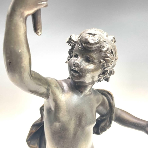 23 - After Auguste Moreau, a bronzed lamp, modelled as a cherubic youth supporting the torch in his raise... 