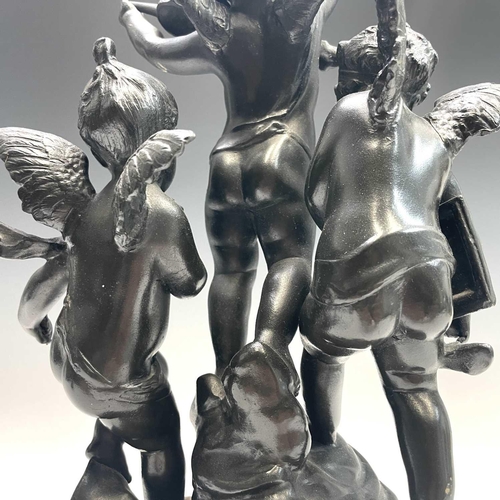 29 - After Rousseau, a bronze group of three cherubs, early 20th century, emblematic of art, music and sc... 